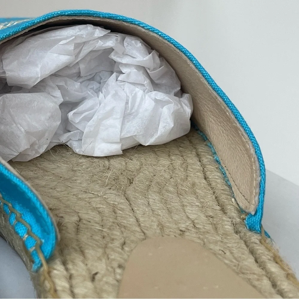 NWT Ganni embroidered espadrilles canvas aqua blue Aquarius starfish slippers